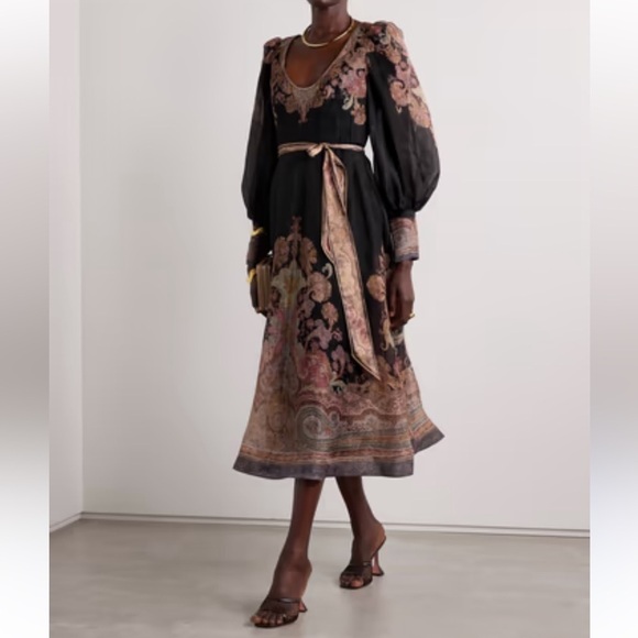 Zimmermann Dresses & Skirts - Zimmermann Illustration Floral Paisley Long Sleeve Organza Midi Dress Black NWT